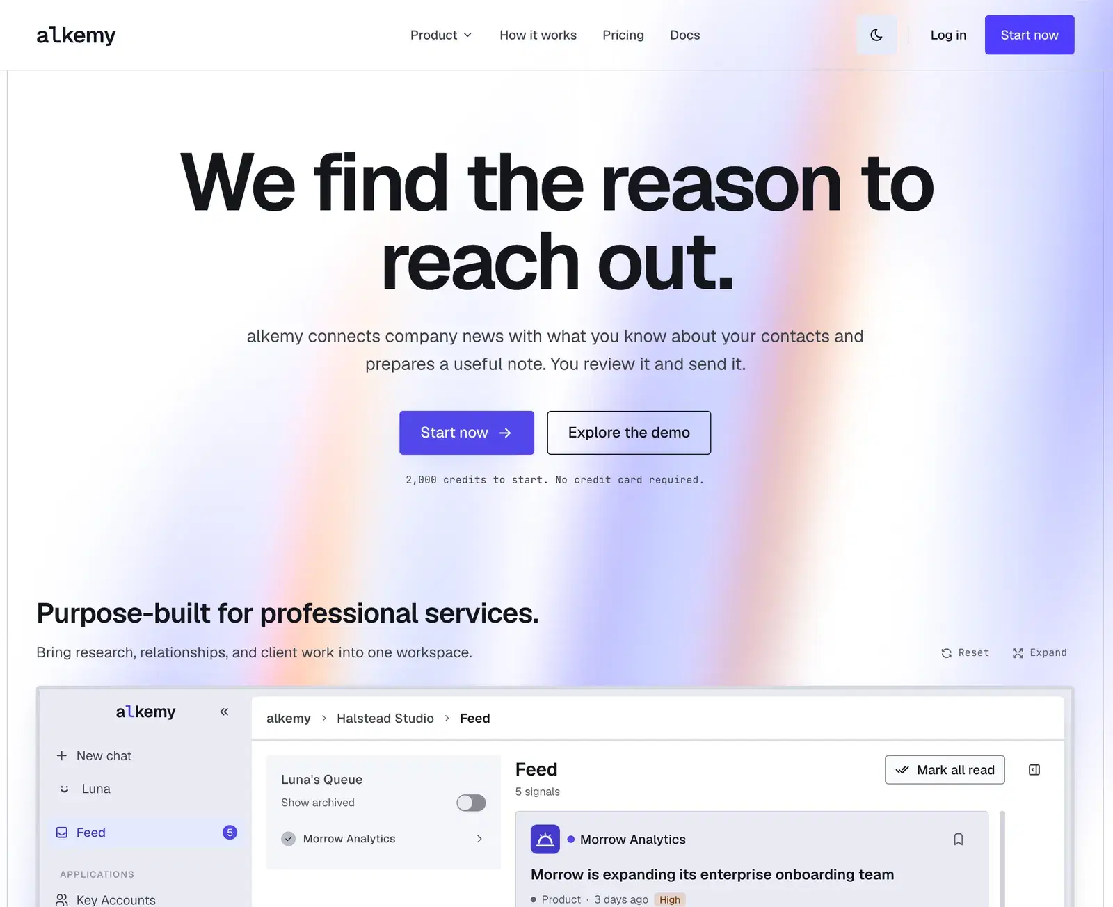 The new alkemy homepage. The headline reads We find the reason to reach out, and the sample workspace demo starts below it.